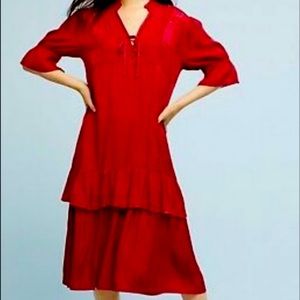 LACAUSA Red Jacquard Tiered Ruffle Dress